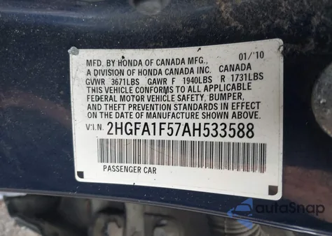 2010 Honda Civic Lx из США, поврежденный, VIN 2HGFA1F57AH533588